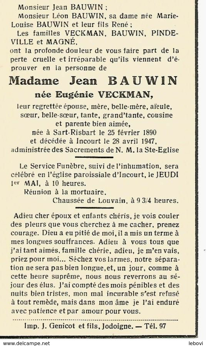 Souvenir Mortuaire VECKMAN Eugénie (1890-1947) ép. BAUWIN, J. Née à SART-RISBART Morte à INCOURT - Devotion Images