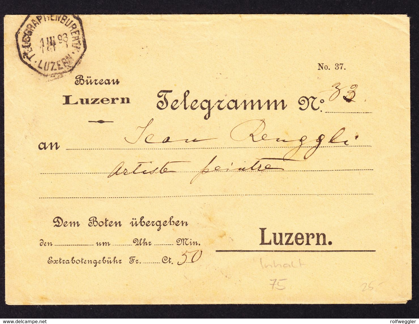 1898 Telegramm Couvert Mit Inhalt, Gestempelt Telegraphenbüro Luzern - Télégraphe