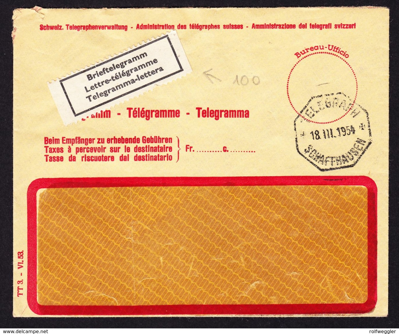 1954 Telegramm Couvert Mit Stempel Schaffhausen Und Brief-Telegramm-Label. - Télégraphe