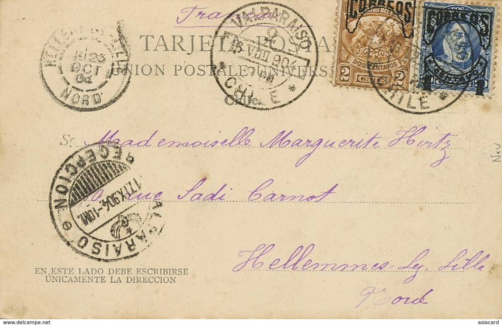 Vina Del Mar Vista General Edit Carlos Brandt  P. Used Valparaiso 2 Stamps To Hortz Hellemmes Lez Lille - Chili