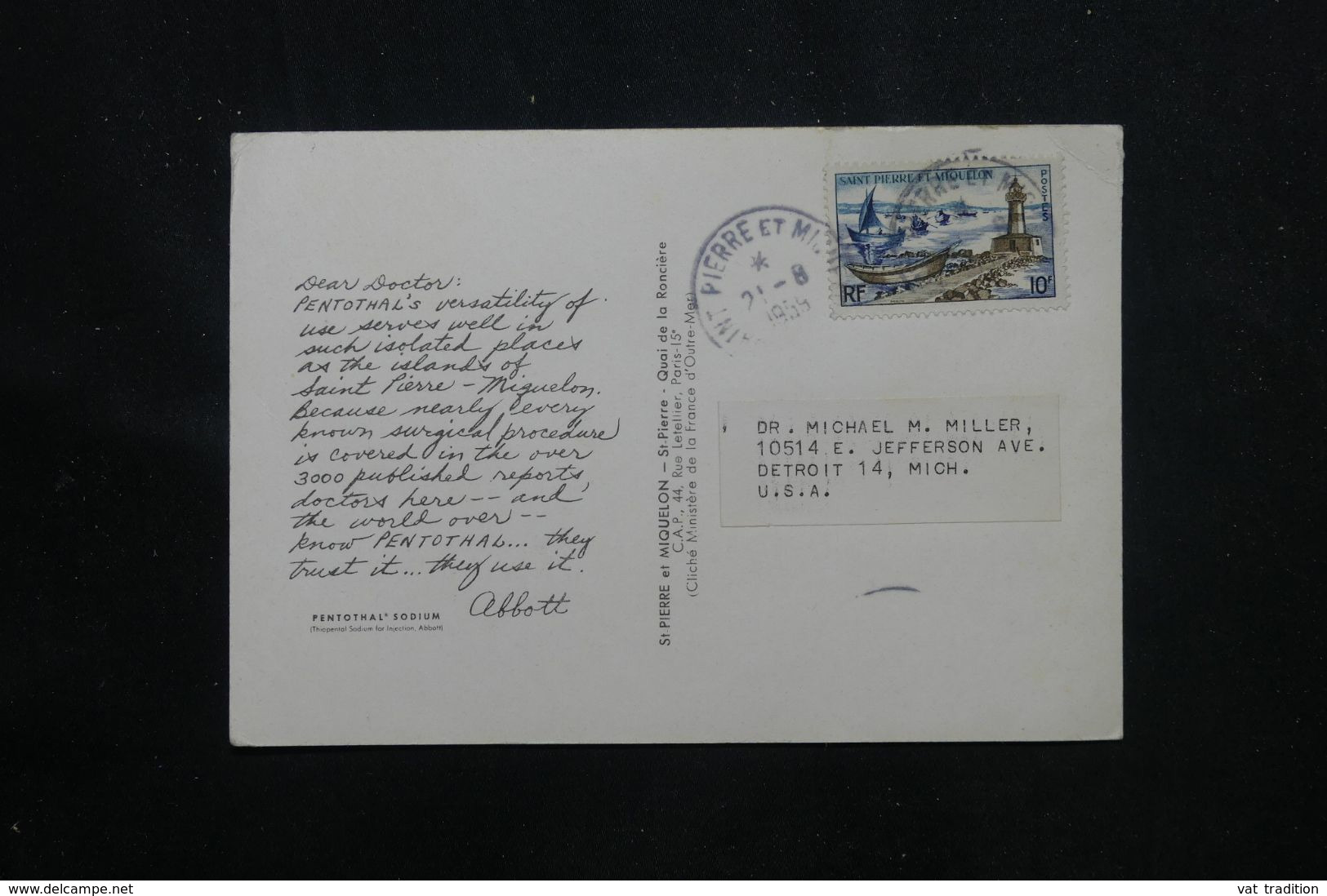 SAINT PIERRE ET MIQUELON - Carte Postale Commerciale Médicale " Albott " Pour Les Etats Unis En 1959 - L 70705 - Lettres & Documents