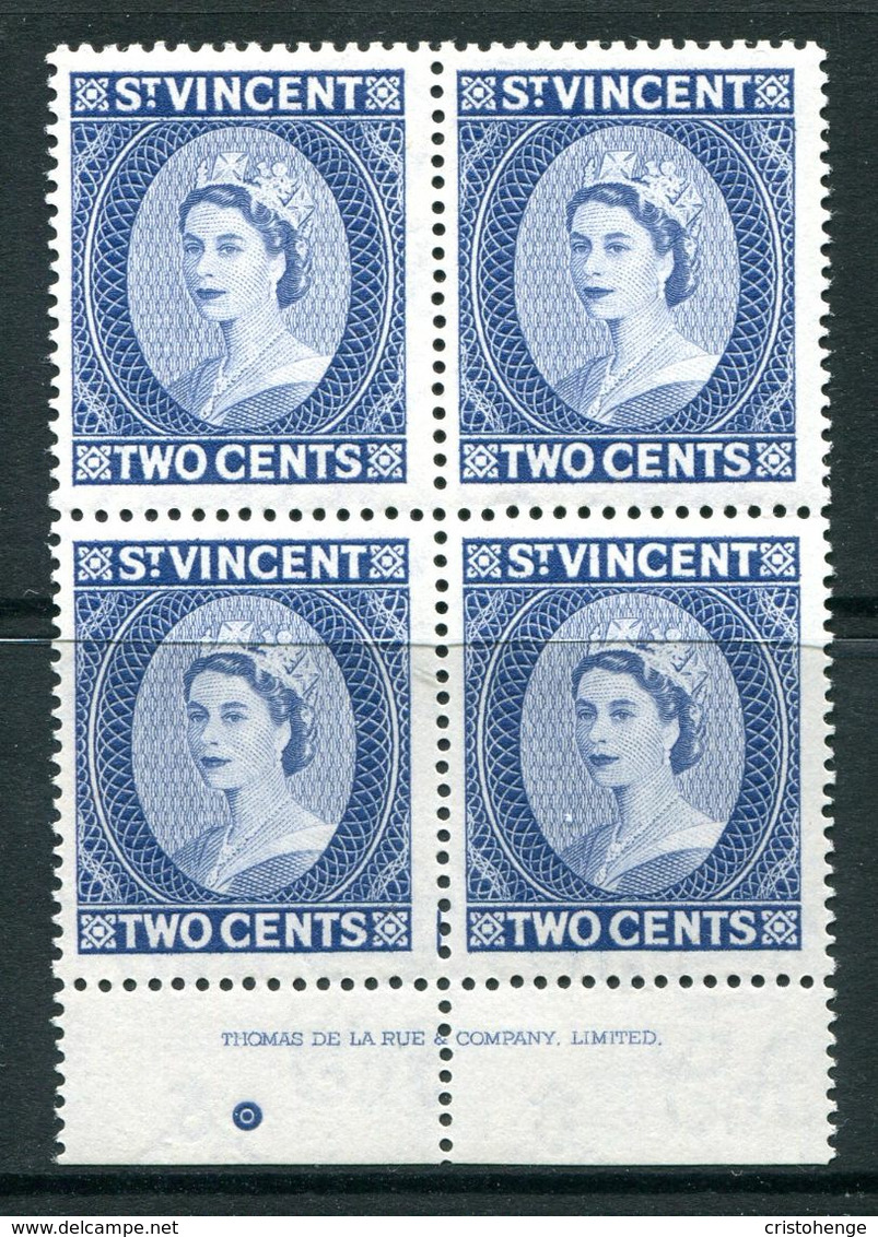 St Vincent 1955-63 QEII Definitives - 2c Blue - Thomas De La Rue Imprint Block MNH (SG 190a) - St.Vincent (...-1979)