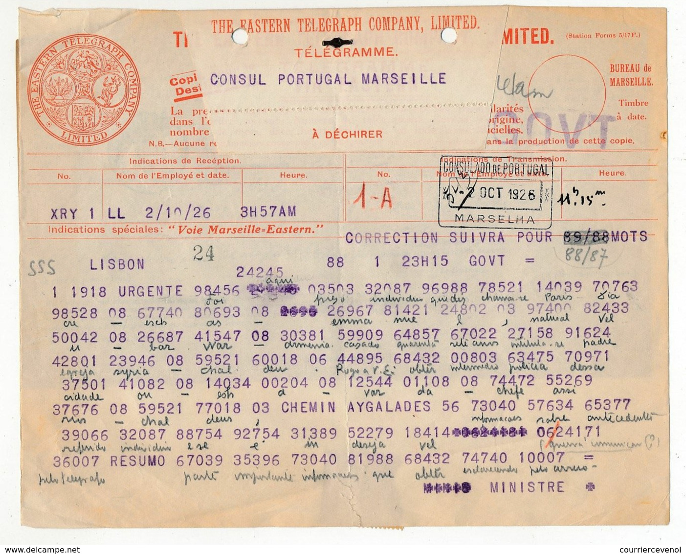 France - Télégramme The Eastern Telegraph Company 2 Oct 1926 Pour Consulat Portugal Marseille - Chiffré + Corrections - Telegraphie Und Telefon