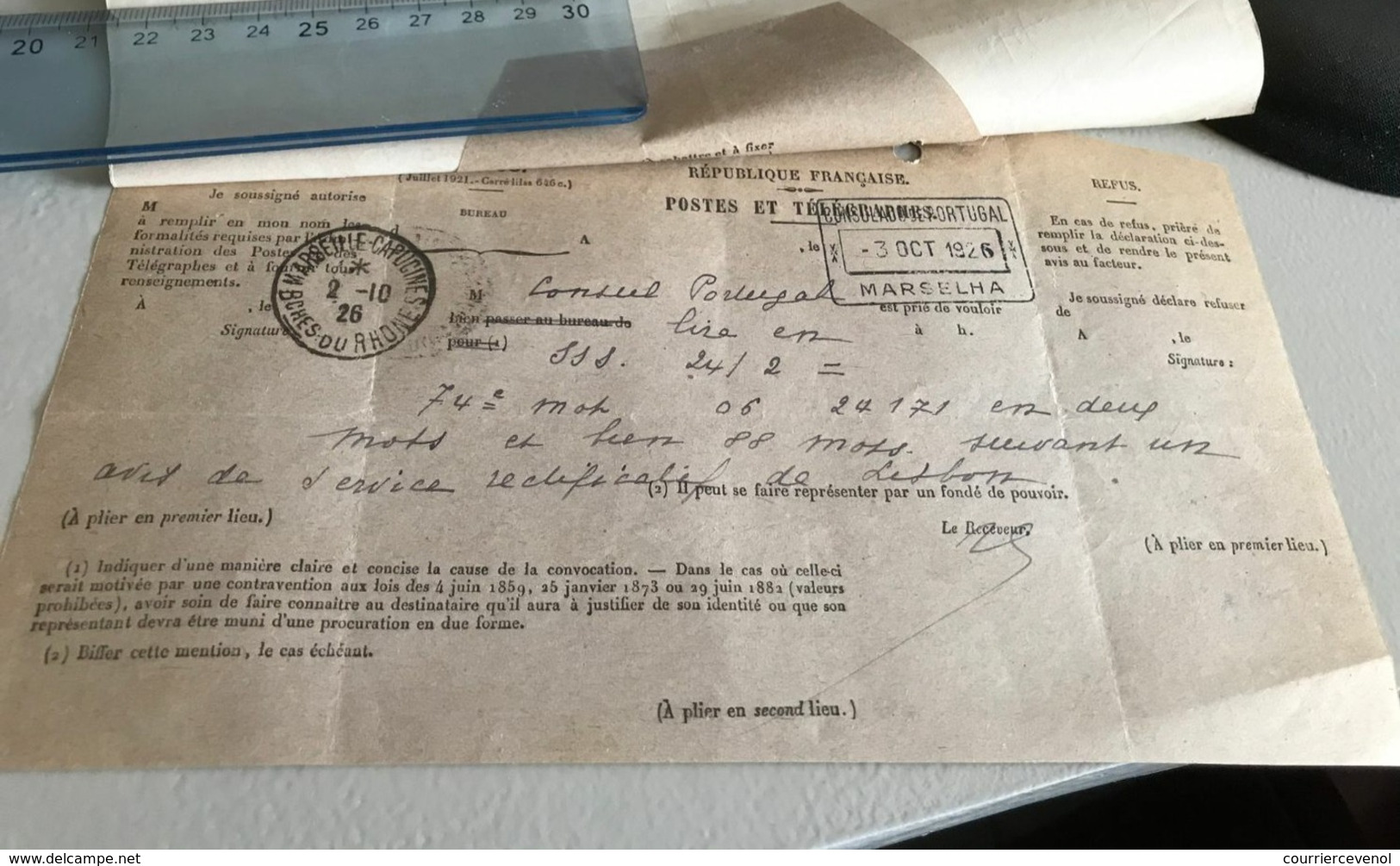 France - Télégramme The Eastern Telegraph Company 2 Oct 1926 Pour Consulat Portugal Marseille - Chiffré + Corrections - Telegraaf-en Telefoonzegels