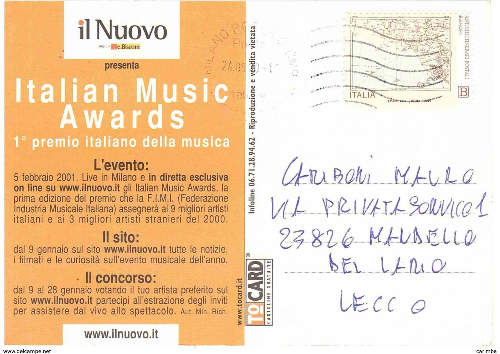 2020 TARIFFA B EUROPA SU CARTOLINA PUBBLICITARIA ITALIAN MUSIC AWARDS - 2011-20: Marcophilie