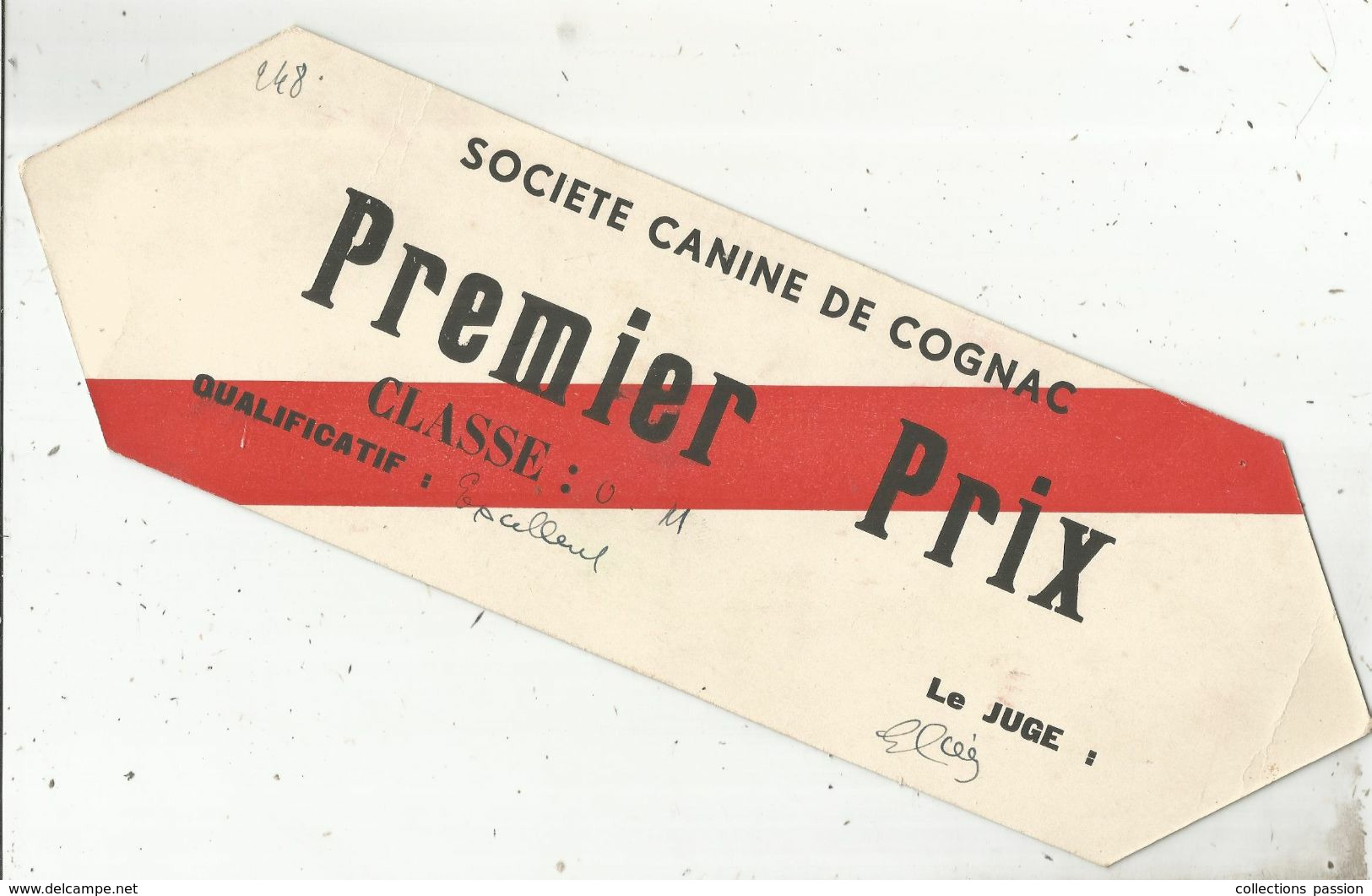 Plaque En Carton , SOCIETE CANINE DE COGNAC , Premier Prix 1937,  2 Scans , Frais Fr 2.35 E - Targhe Di Cartone