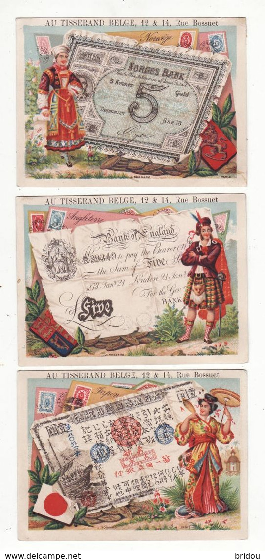 Chromo  AU TISSERAND BELGE    Lot De 3    Femmes Et Billets   Norvège, Angleterre, Japon     11.2 X 8.2 Cm - Autres & Non Classés