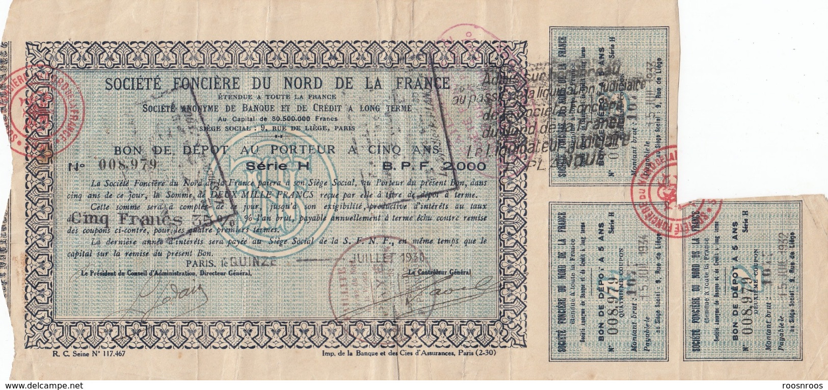 LOT 2 BONS DE DEPOT AU PORTEUR - SOCIETE FONCIERE DU NORD DE LA FRANCE -1930 - S - V