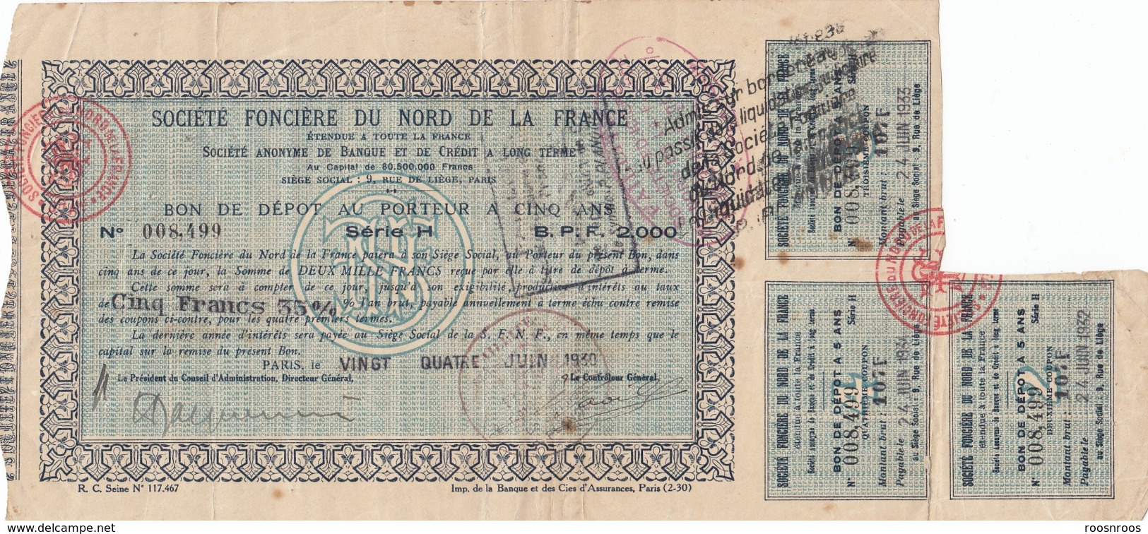 LOT 2 BONS DE DEPOT AU PORTEUR - SOCIETE FONCIERE DU NORD DE LA FRANCE -1930 - S - V