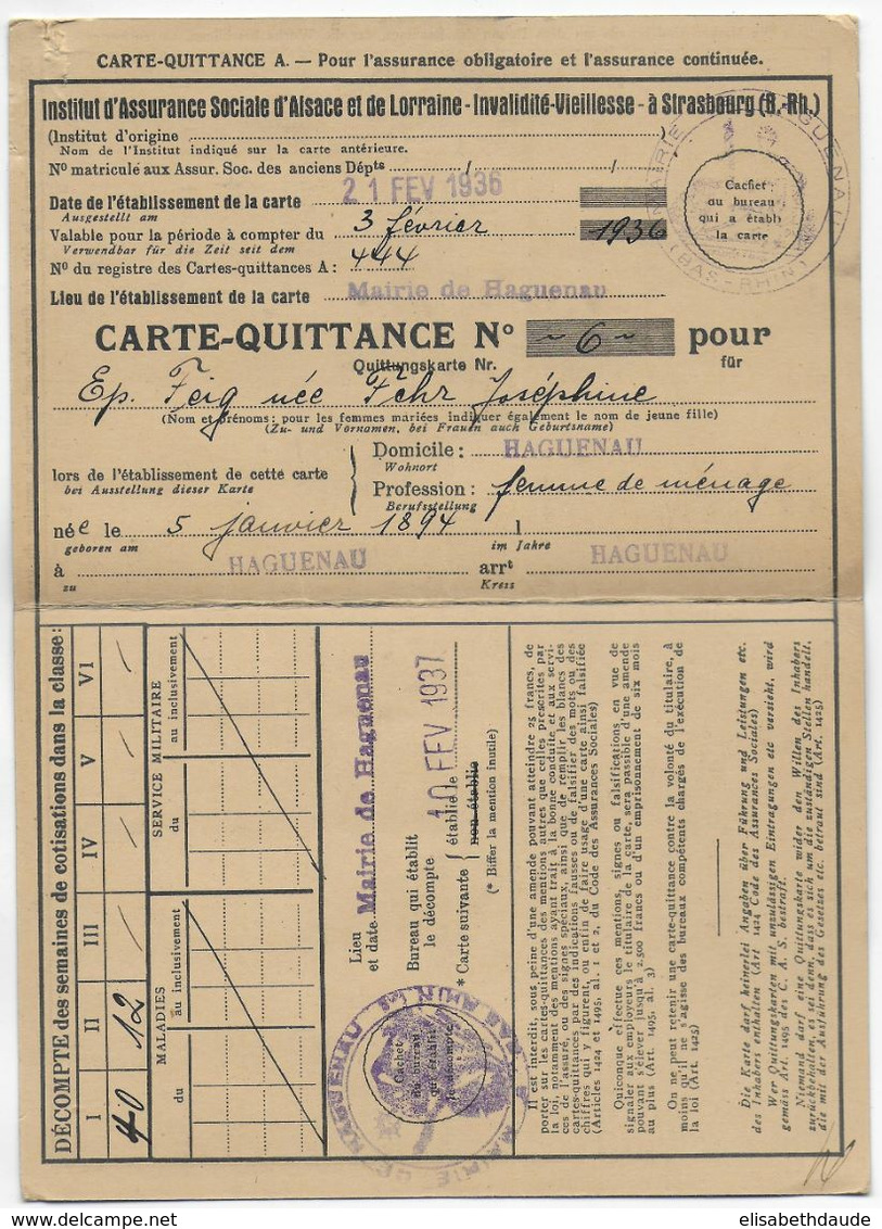 FISCAUX ALSACE / LORRAINE - 1936/1937 - CARTE ASSURANCE SOCIALE De HAGUENAU (BAS-RHIN) - Lettres & Documents