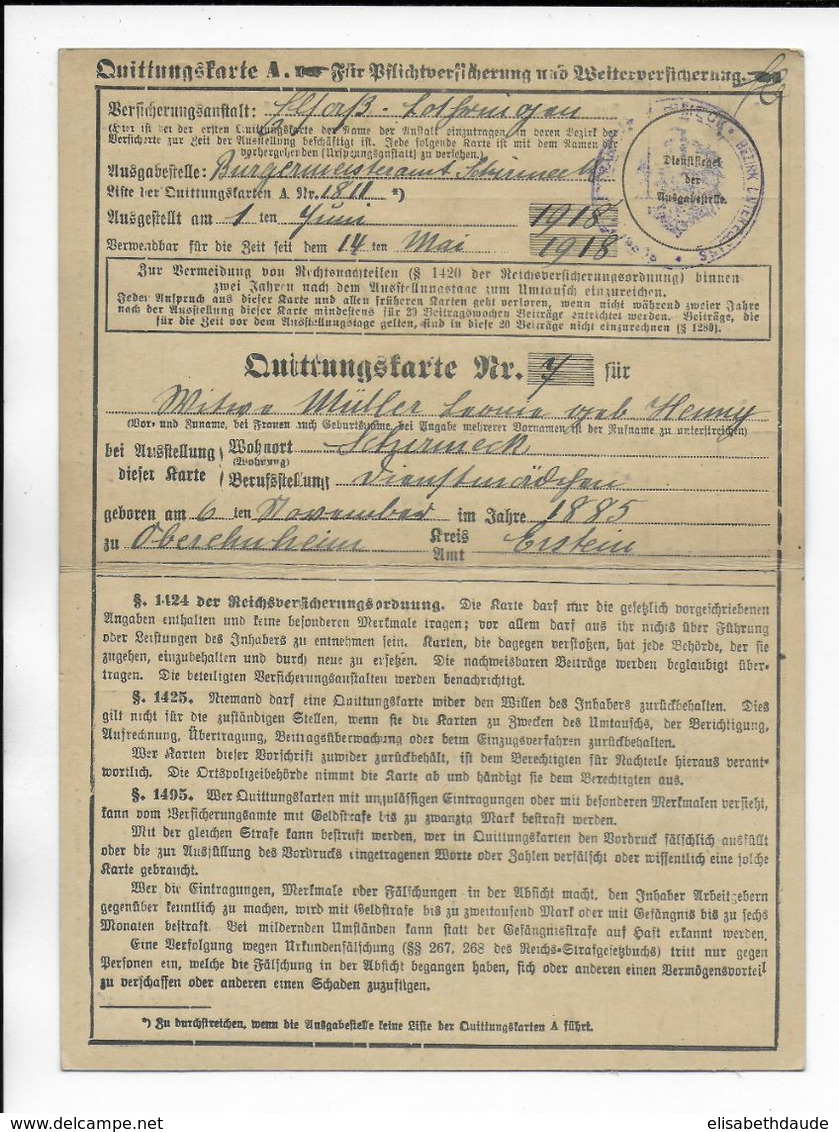 FISCAUX ALSACE / LORRAINE - 1918 - CARTE ASSURANCE SOCIALE De SCHIRMECK (BAS-RHIN) - Brieven En Documenten