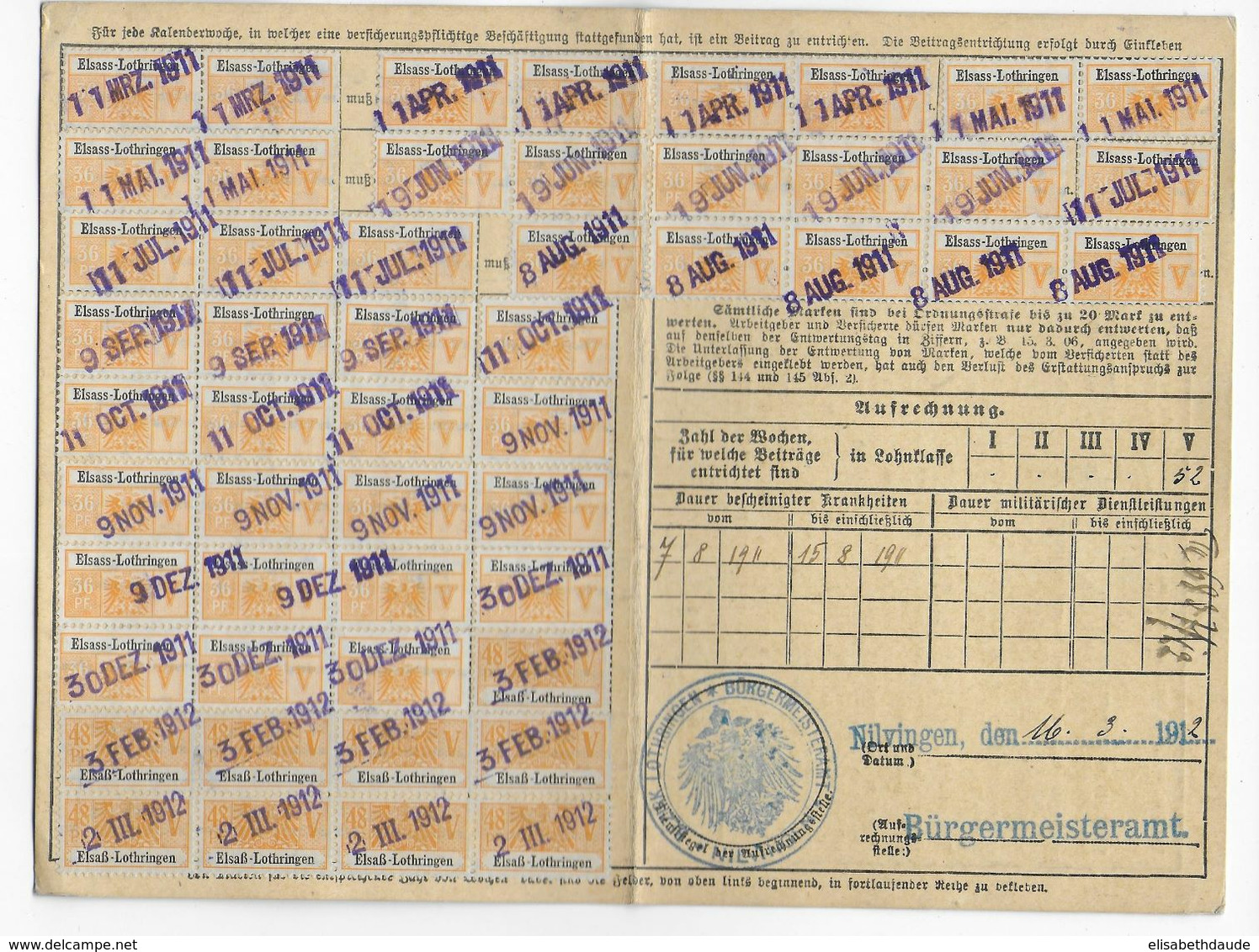 FISCAUX ALSACE / LORRAINE - 1911/1912 - CARTE ASSURANCE SOCIALE De NILVINGEN (MOSELLE) - Brieven En Documenten