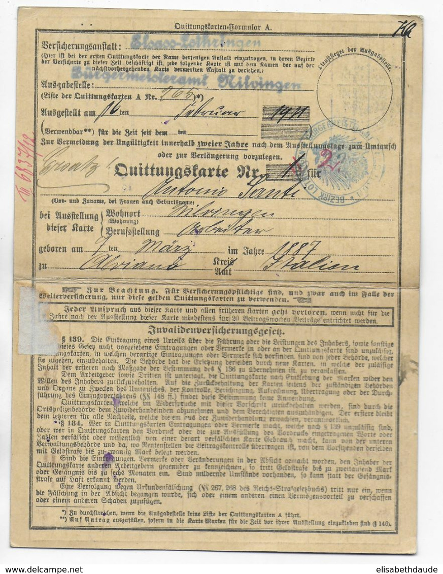 FISCAUX ALSACE / LORRAINE - 1911/1912 - CARTE ASSURANCE SOCIALE De NILVINGEN (MOSELLE) - Cartas & Documentos