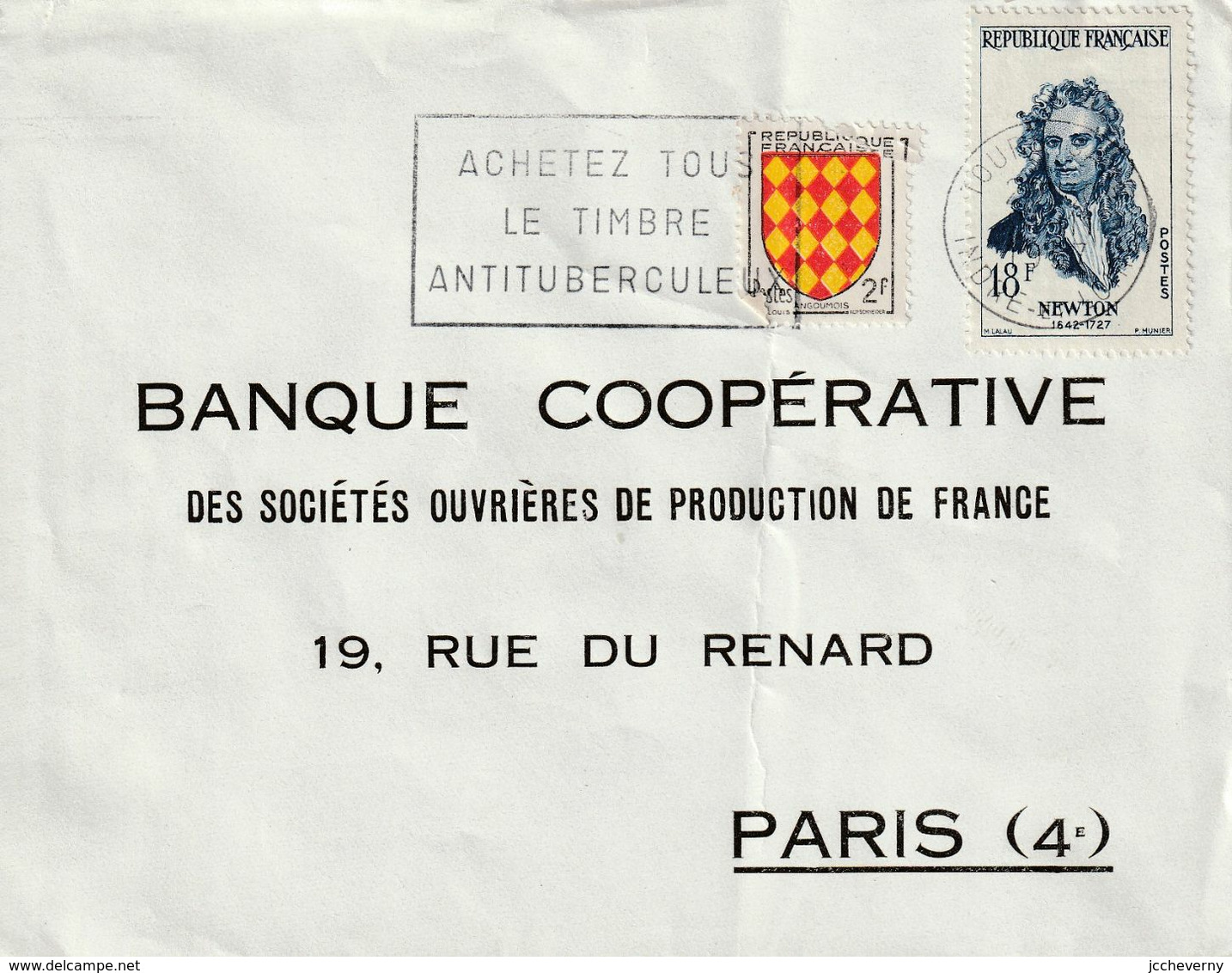 De Tours Indre Et Loir Pour Paris Yvert. 1136 I.Newton Et  1003 Angoumois Flamme Timbre Anti Tuberculeux - 1921-1960: Modern Tijdperk