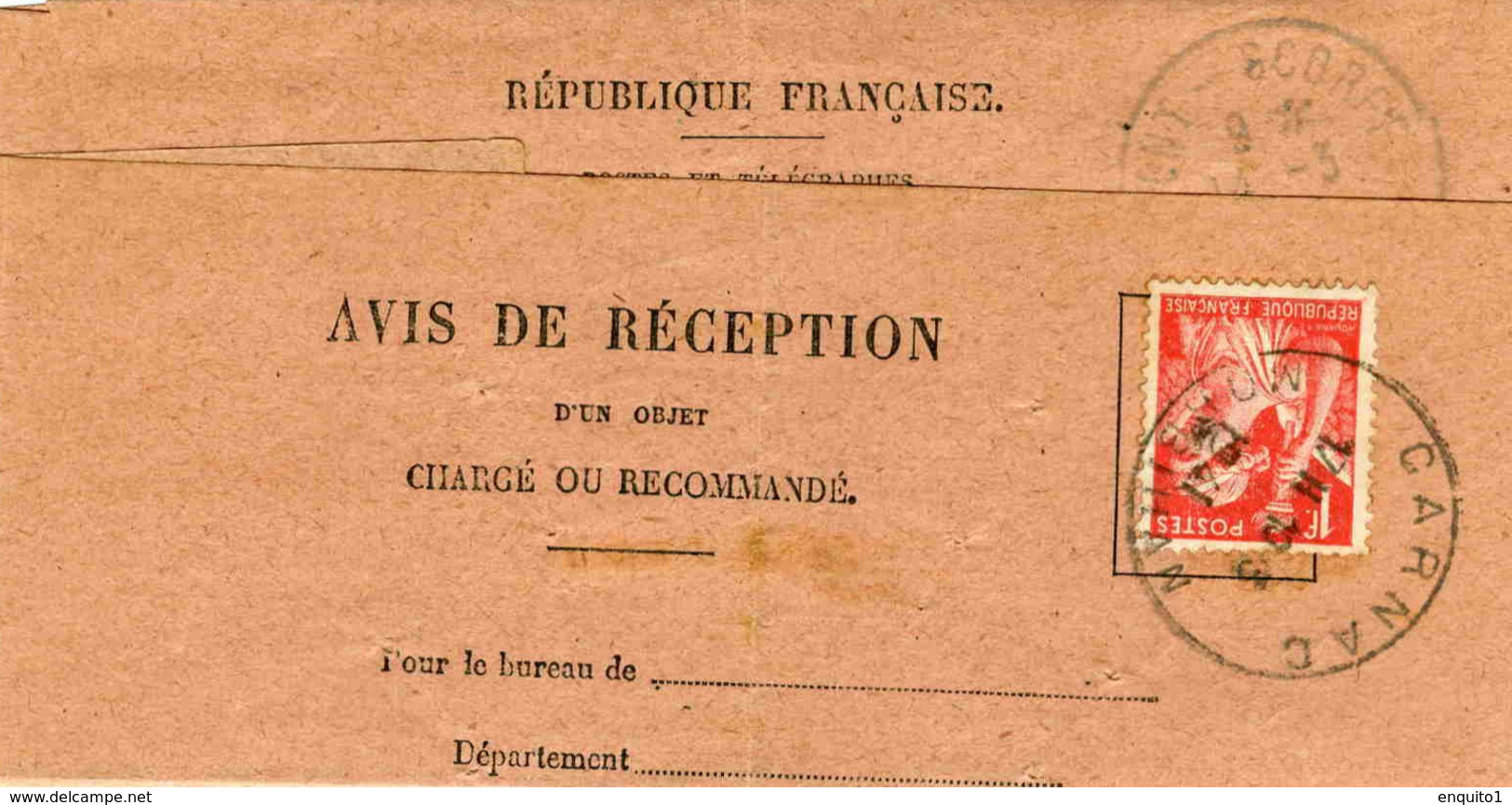 Avis De Réception De Carnac (Morbihan) - 1941 - Lettres & Documents