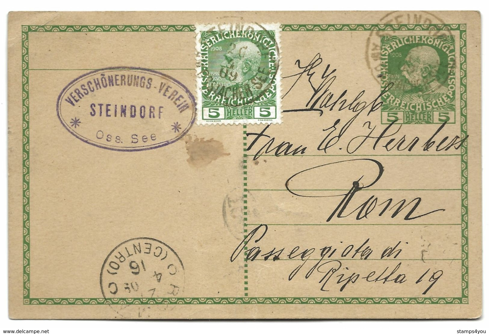 55 - 21 - Entier Postal Avec Affranchissement Complémentaire Envoyé De Steindorf à Rome 1916 - Other & Unclassified