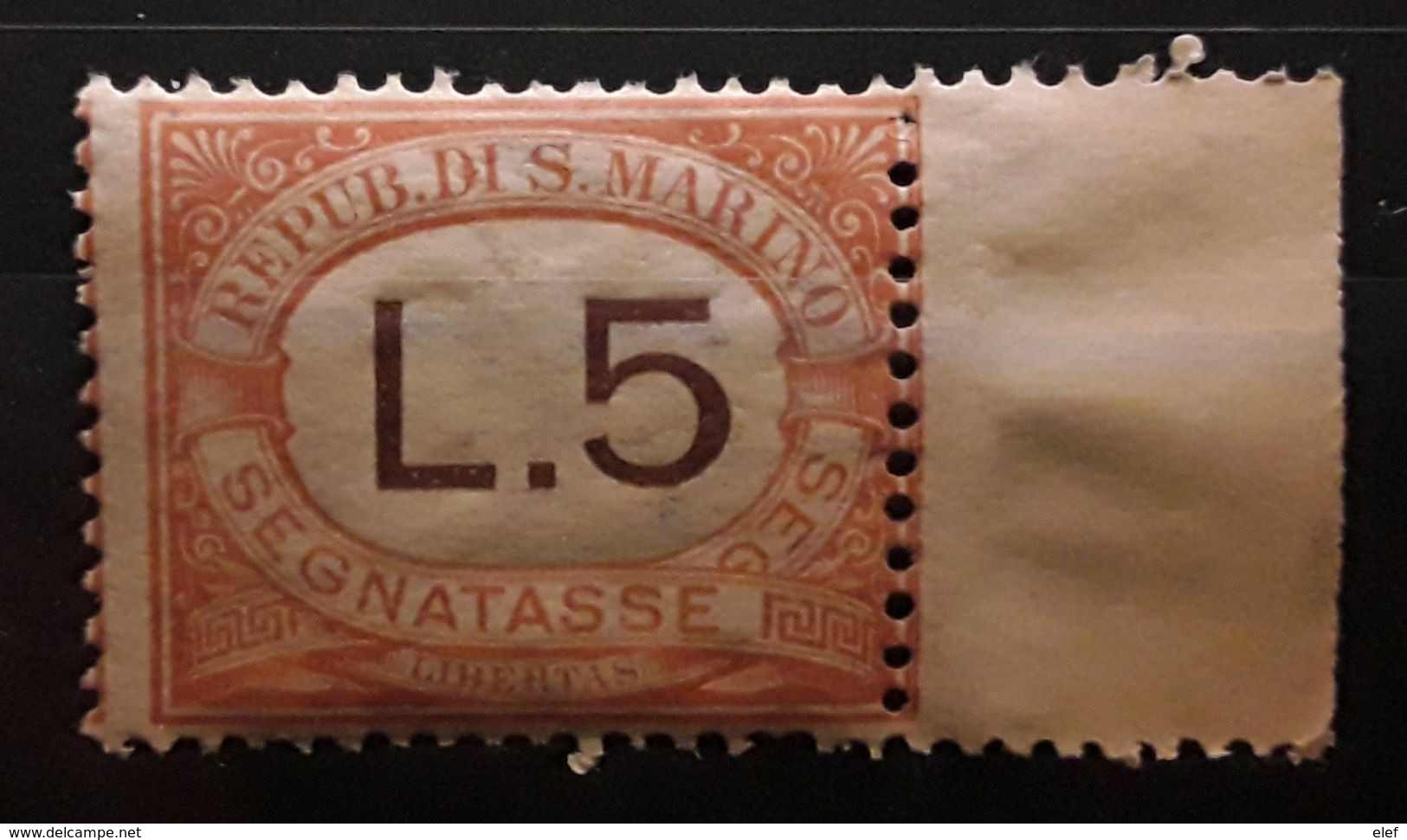 SAN MARINO SAINT MARIN,1925 TAXE SEGNATASSE,Yvert No 26, 5 Lire Orange BORD DE FEUILLE, Neuf ** MNH,TTB Cote 65 E - Segnatasse