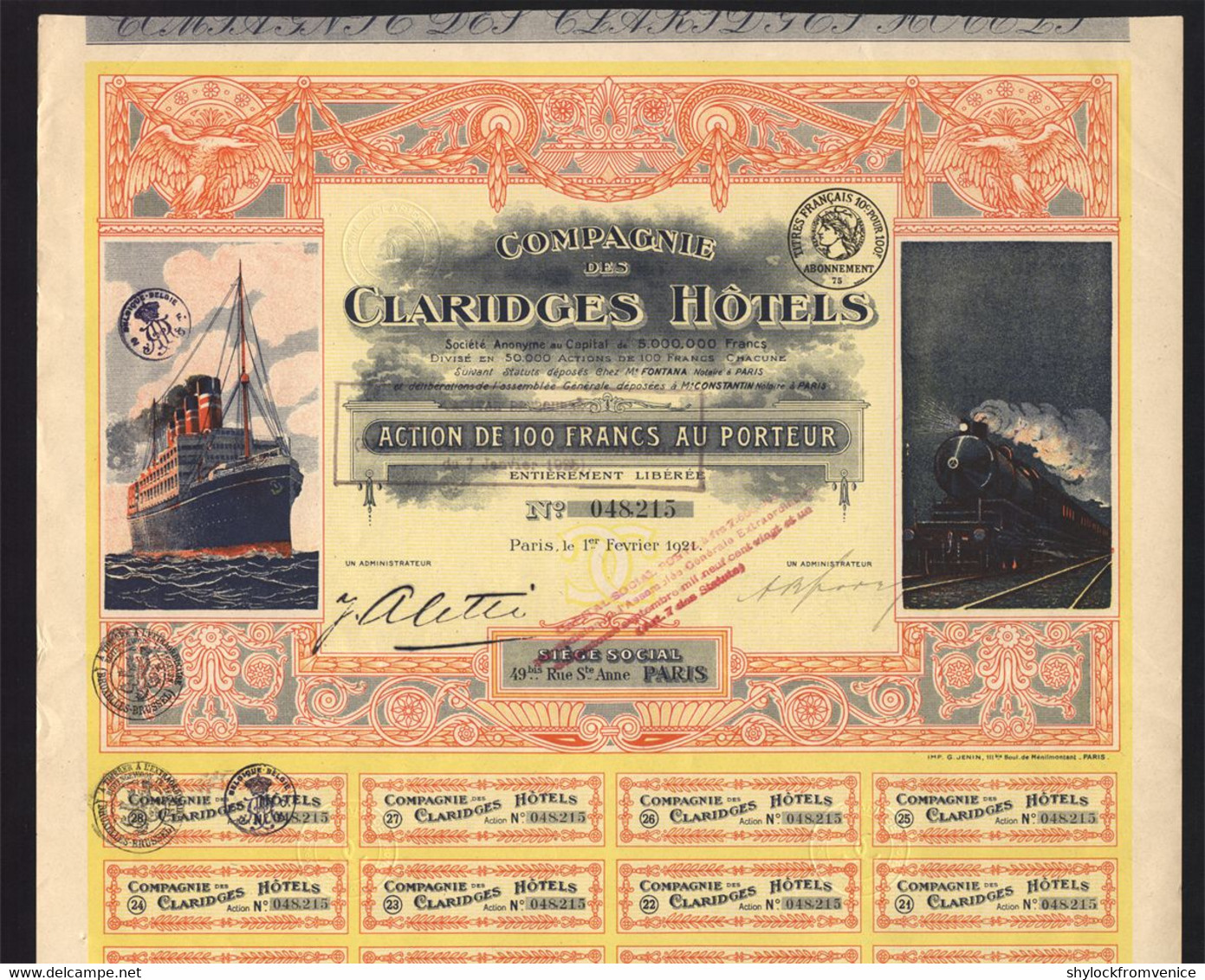 Compagnie Des Claridges Hotels SA - Capital 5 Mio - Action De 100 Francs - 1921 - VF - Toerisme