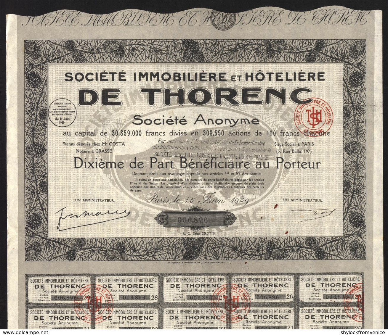 Socièté Immobilière Et Hotelière De Thorenc SA - Dixième De Part Bénéficiaire Au Porteur - 1929 - EF- - Tourisme