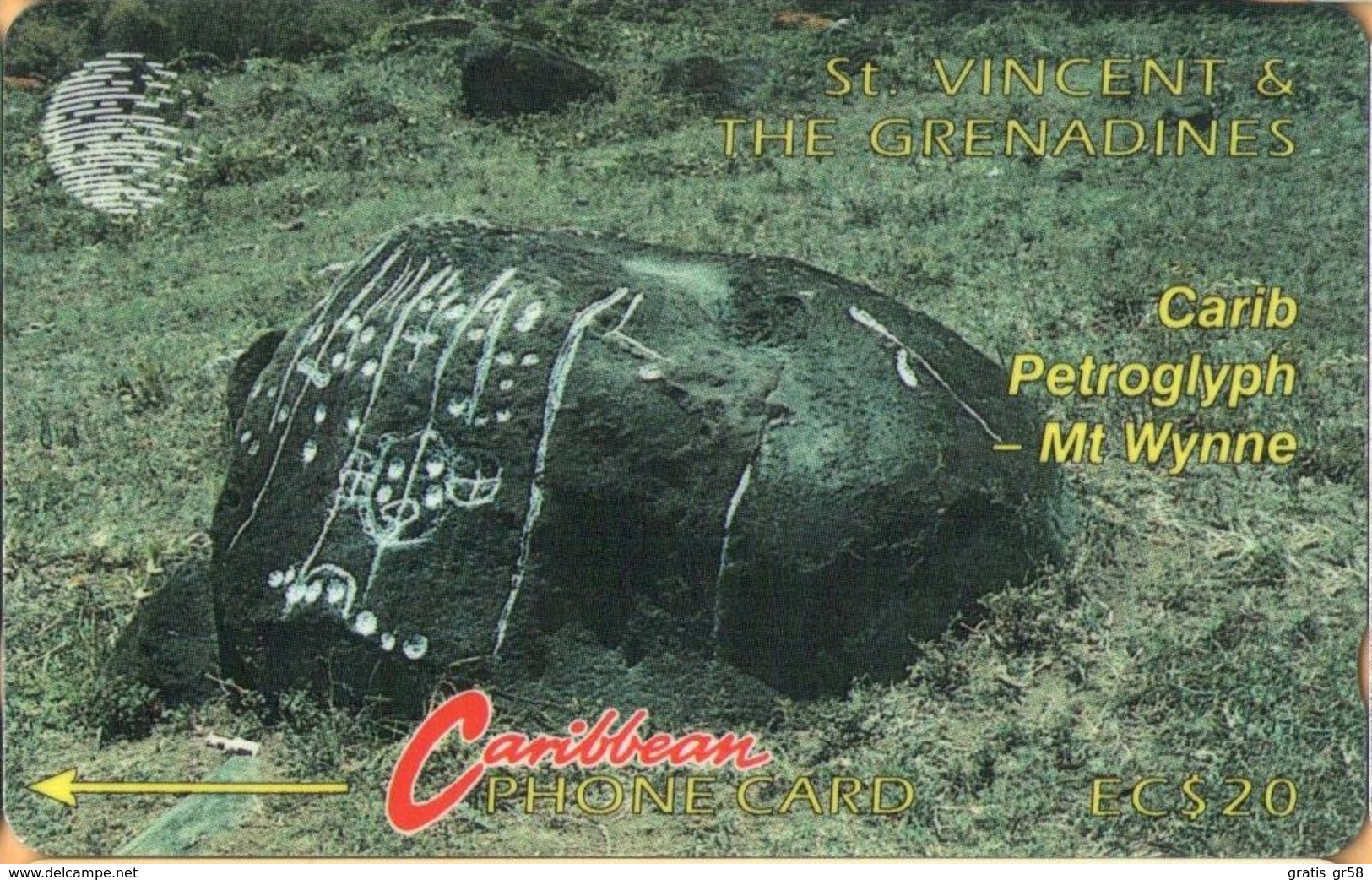 St. Vincent & The Grenadines - STV-5B, GPT, 5CSVB, Carib Petroglyph, 20 EC$, 22.000ex, 1992, Used - Saint-Vincent-et-les-Grenadines