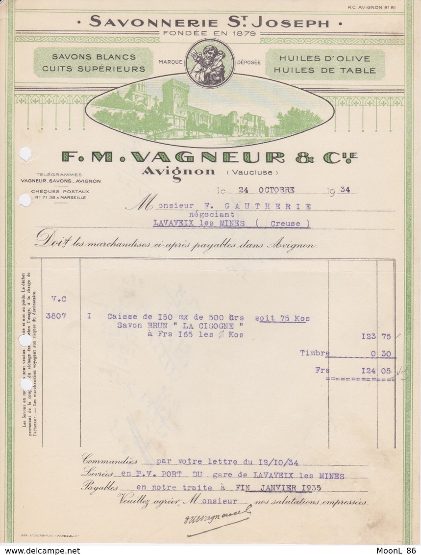 FACTURE 1934 - SAVONNERIE ST JOSEPH  - F.M. VAGNEUR & CIE AVIGNON  VAUCLUSE - SAVON BRUN LA CIGOGNE - Droguerie & Parfumerie