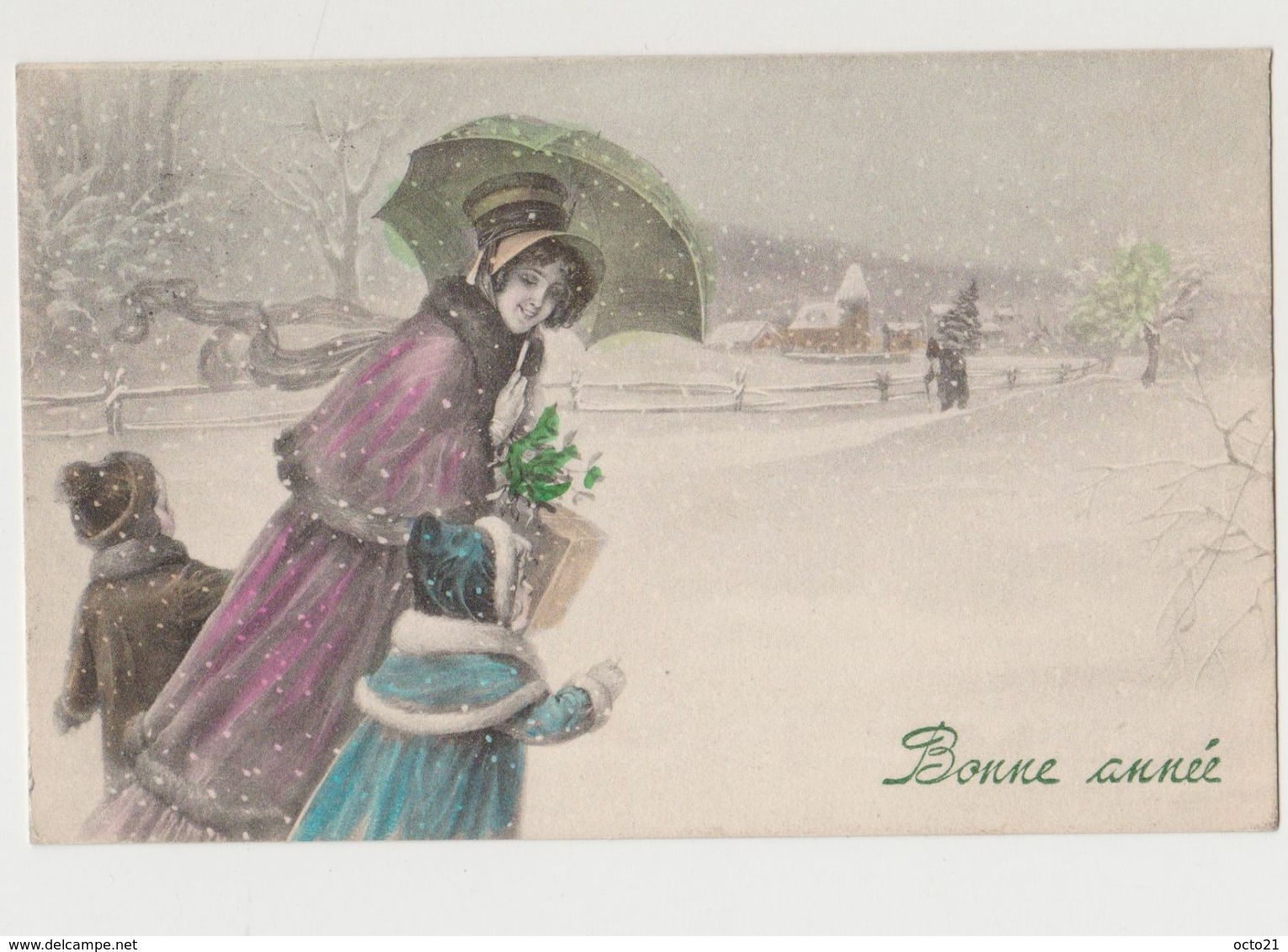 Carte Fantaisie Type Viennoise/ Femme Et Enfants Dans Un Paysage De Neige. Bonne Année - 1900-1949