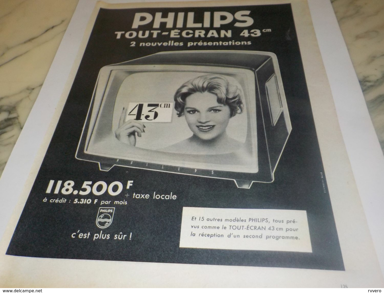 ANCIENNE PUBLICITE TELEVISEUR 43 CM PHILIPS 1959 - Televisie