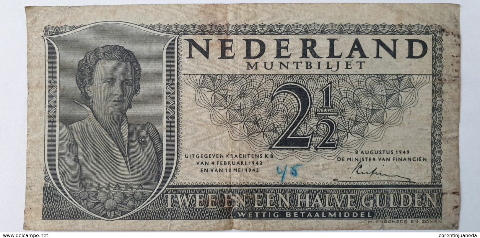 2 ½ Gulden Muntbiljet, Pays-Bas Du 8 Août 1949. Ministère De La Finance - 2 1/2 Gulden