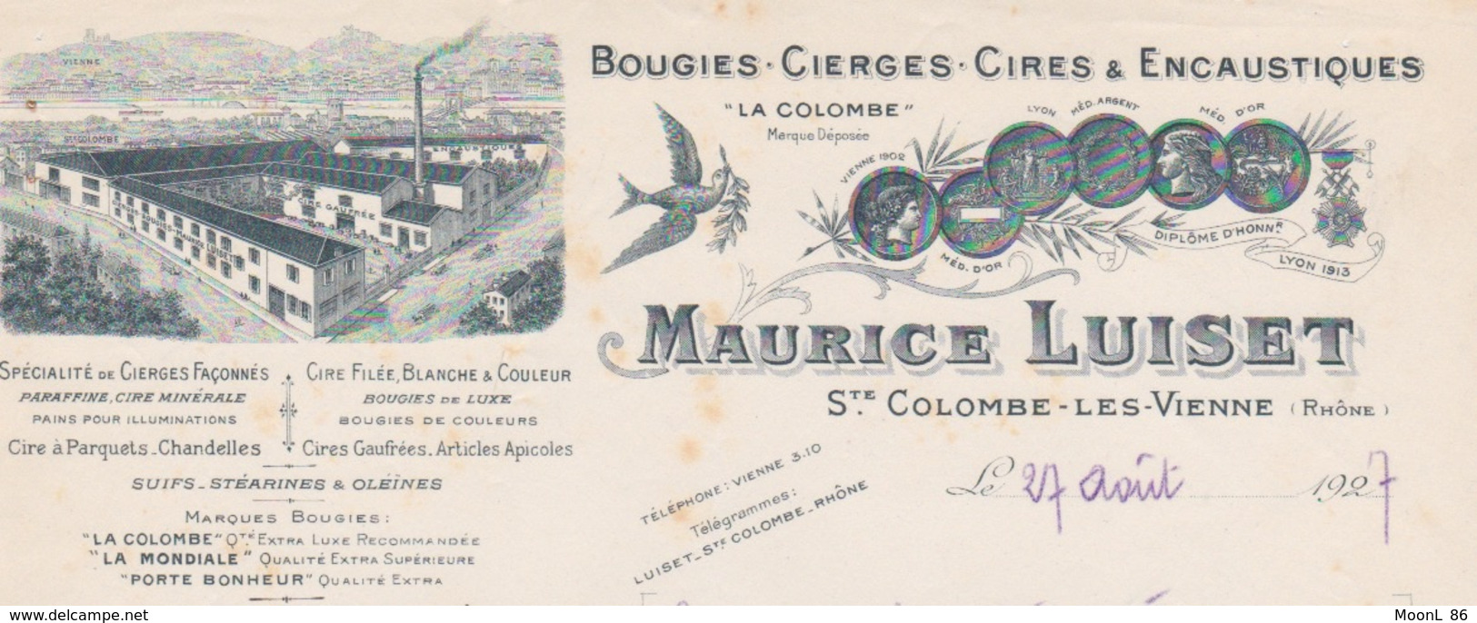 FACTURE A ENTETE - MAURICE LUISET - BOUGIES CIERGES CIRES ENCAUSTIQUES - SAINTE COLOMBE LES VIENNE 69 - Droguerie & Parfumerie