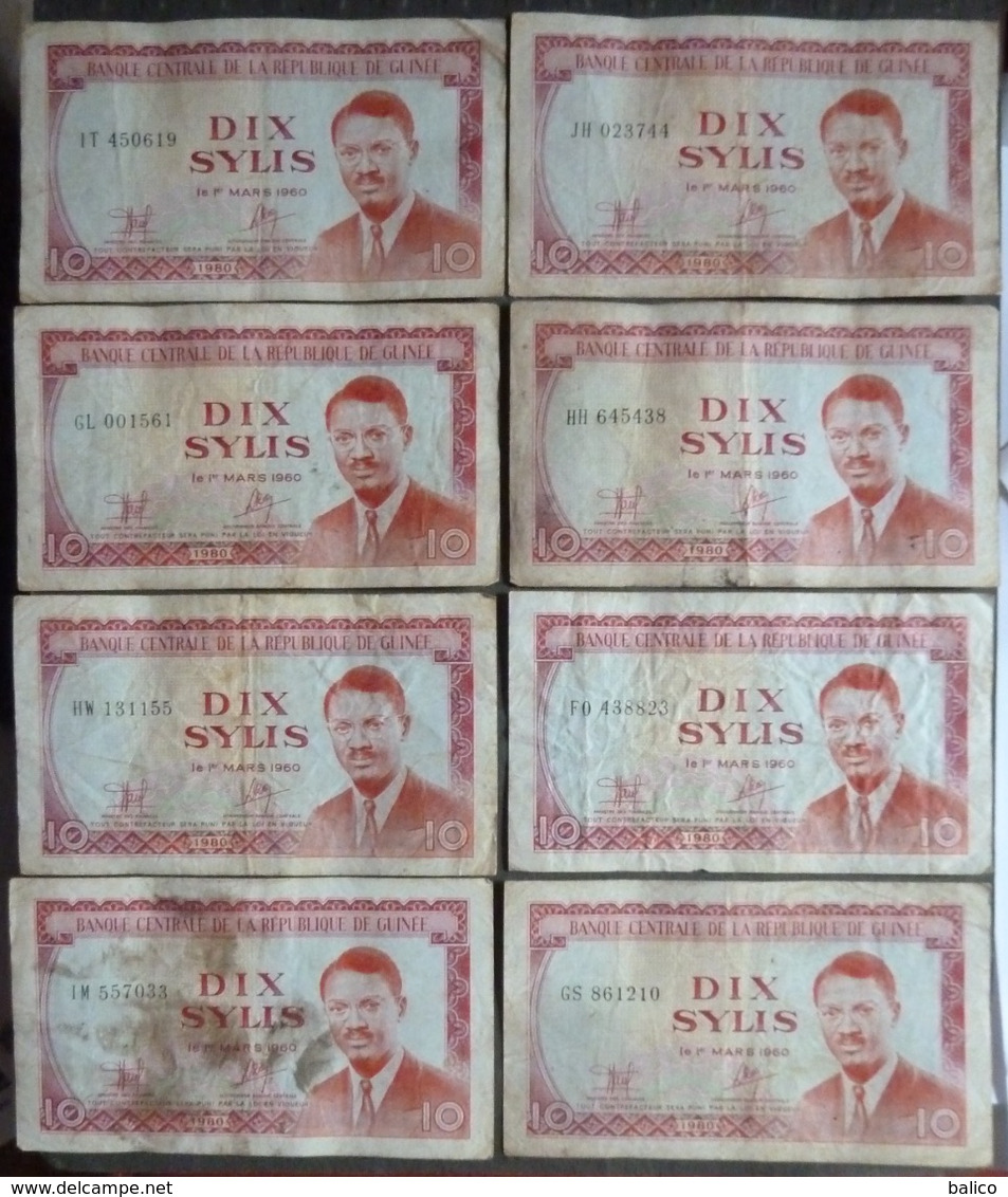 8 BILLETS  BANQUE CENTRALE DE LA REPUBLIQUE DE GUINÉE - DIX SYLIS  1960  (rouge) - Guinea