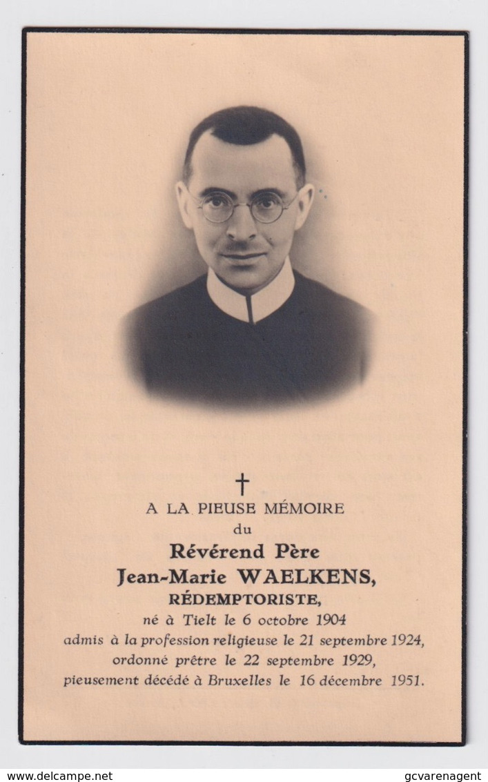 REVEREND PERE JEAN WAELKENS - TIELT 1904 - BRUXELLES 1951   2 SCANS - Engagement