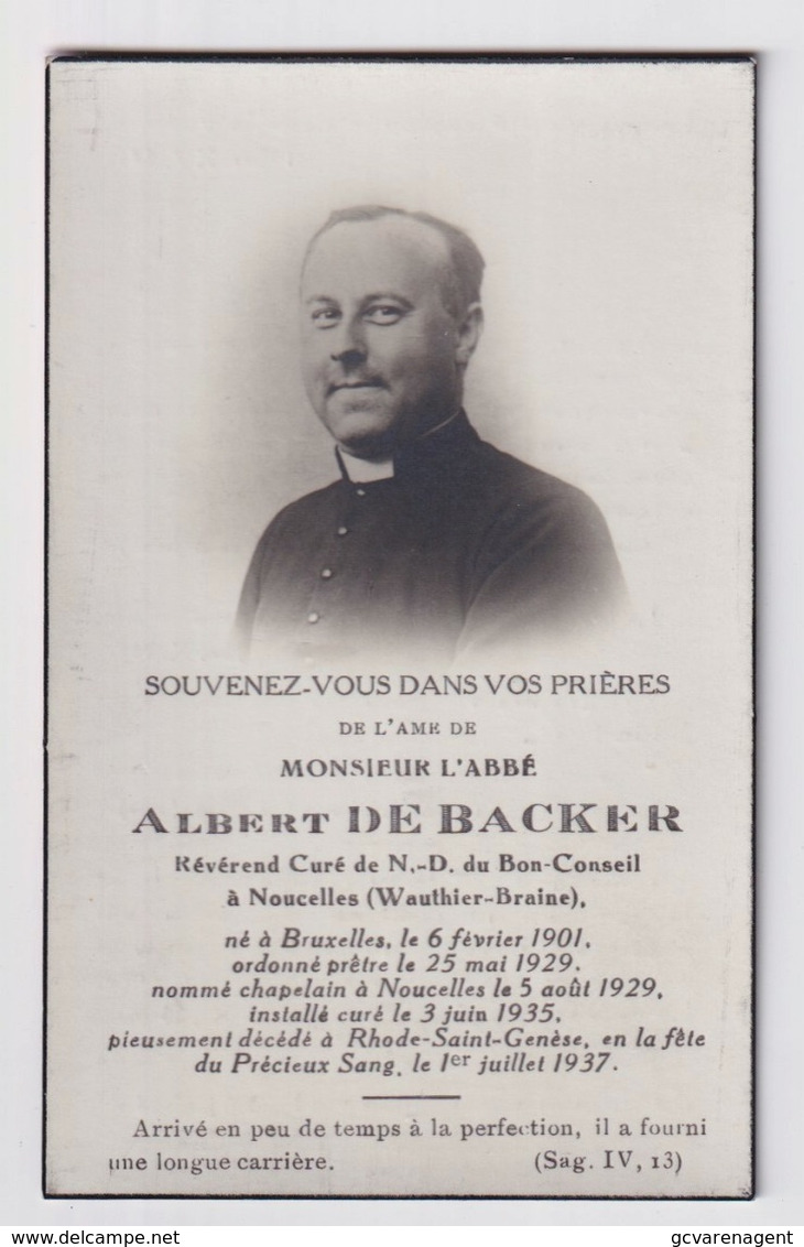 PASTOOR  NOUCELLES WAUTHIER BRAINE - ALBERT DE BACKER  BRUXELLES 1901 - RHODE SAINT GENESE 1937   2 SCANS - Verloving