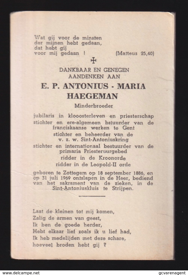 E.P. ANTONIUS HAEGEMAN ( MINDERBROEDER ) ZOTTEGEM  1886    STRIJPEN 1969  2 SCANS - Fiançailles