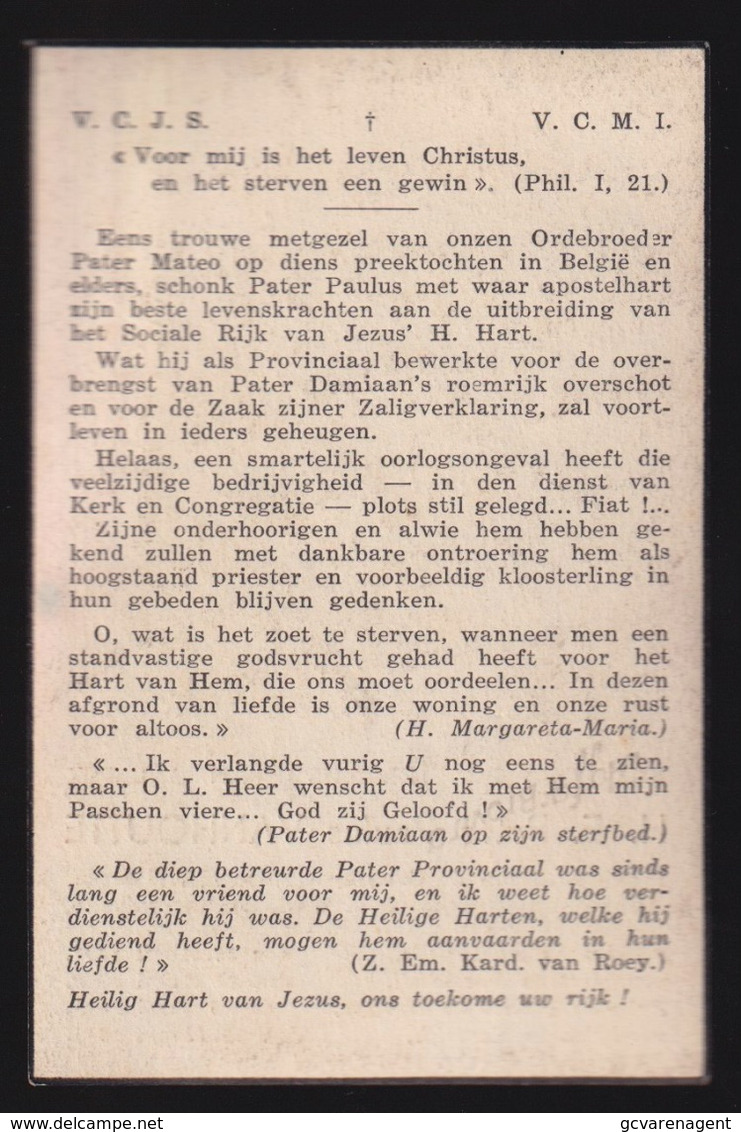 H.E. PATER PAULUS VANHOUTTE - AVEKAPELLE 1883 -  KORTRIJK 1944  -   2 SCANS - Engagement