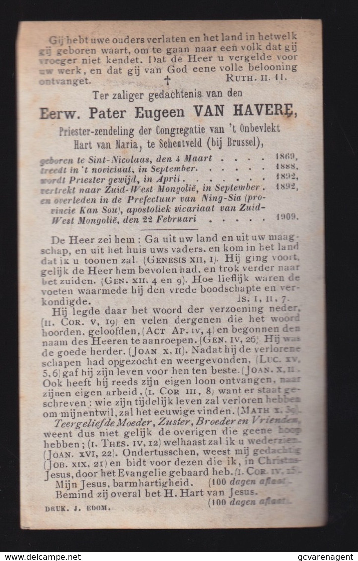 PATER EUGEEN VAN HAVERE  SINT NIKLAAS  1869 - ZUID WEST MONGOLIE 22 FEB 1909  -   2 SCANS - Compromiso