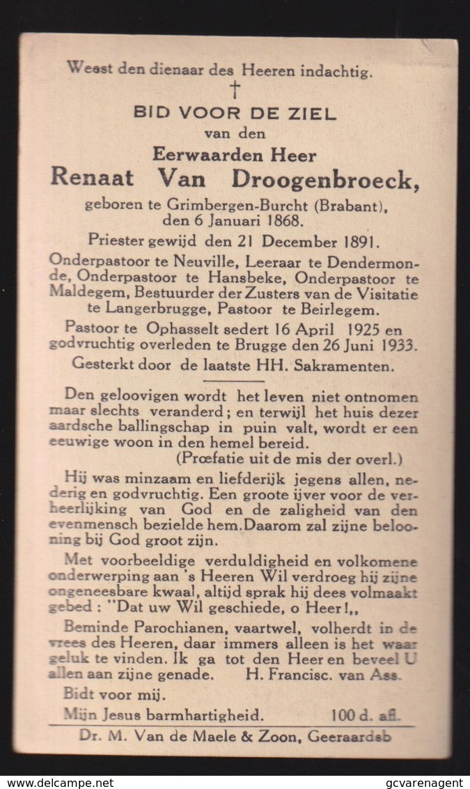 PASTOOR OPHASSELT - RENAAT VAN DROOGENBROECK  GRIMBERGEN 1868 - BRUGGE 1933  -   2 SCANS - Engagement