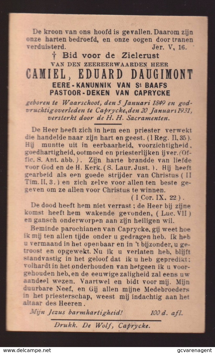 PASTOOR DEKEN CAPRYCKE - CAMIEL DAUGIMONT   WAARSCHOOT  1849 -  CAPRYCKE 1931-   2 SCANS - Compromiso