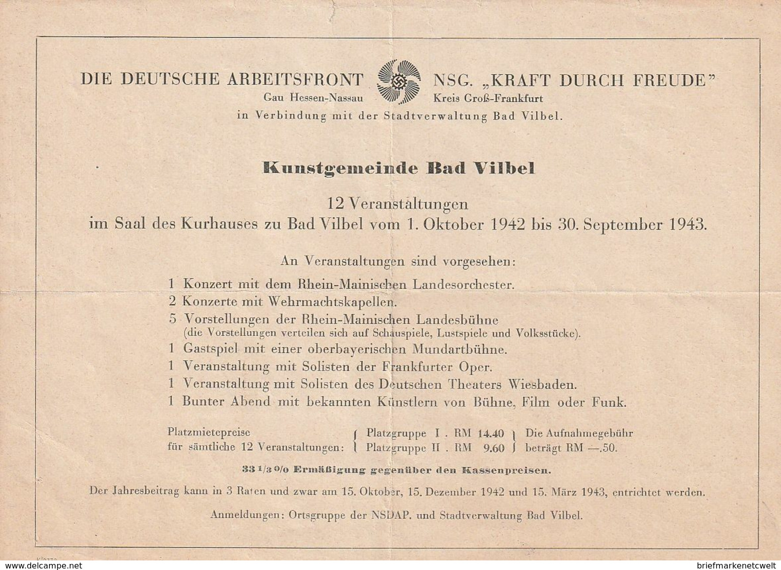 Deutsches Reich / 1943 / "D. Arbeitsfront-NSG Kraft Durch Freude", Konzertankuendigung, Ex Bad Vilbel (A207) - Storia Postale