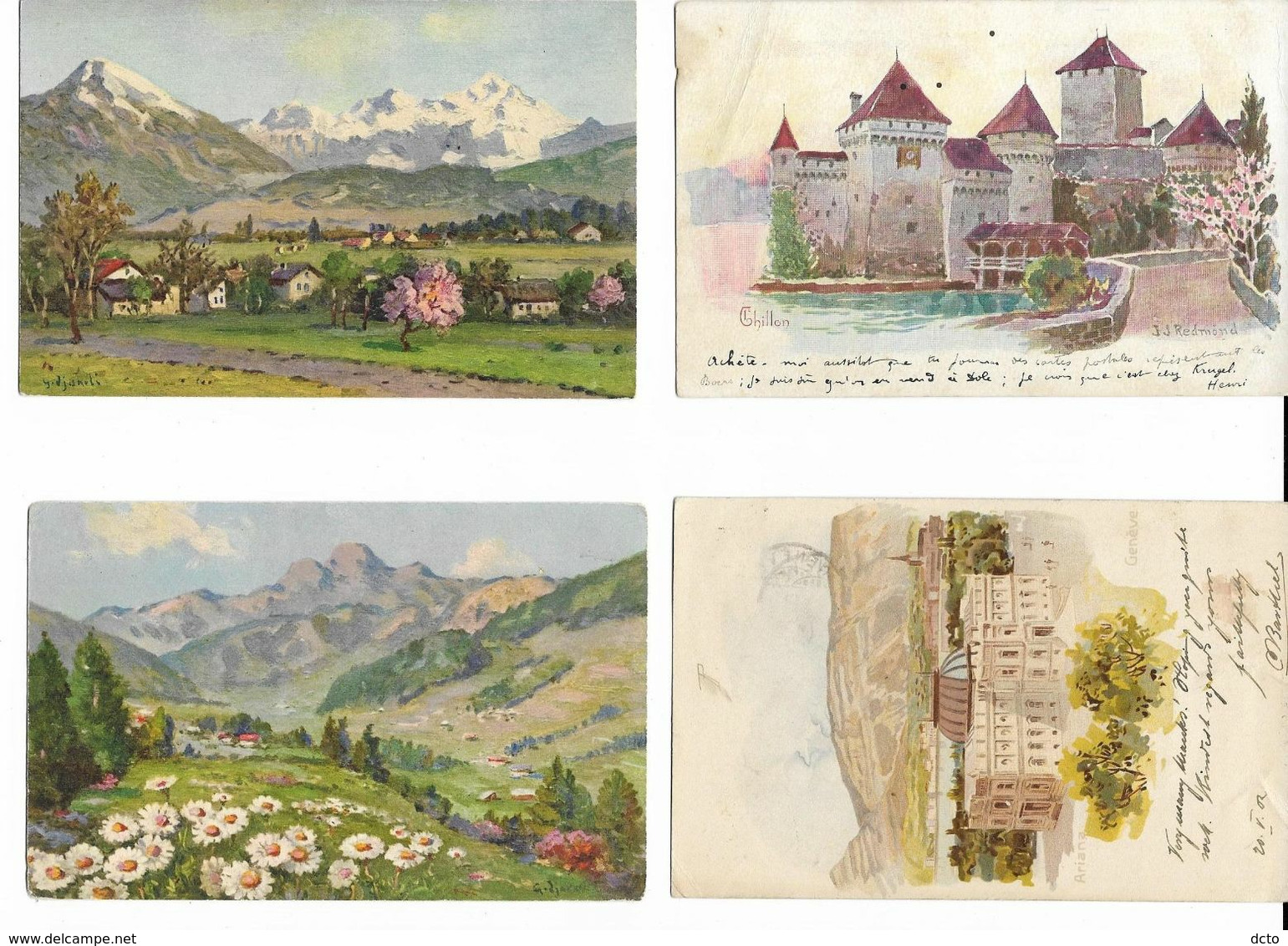 9 cpa peintures= 8 paysages suisses + 1 Lugano. Buchser, Pilatus, Megève,Kublis,Filisur, Chillon