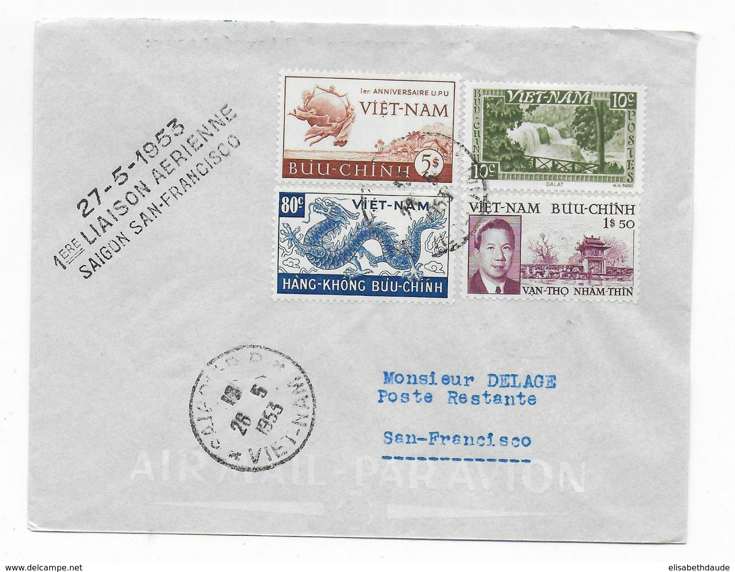 1953 - VIET-NAM - ENVELOPPE Par AVION1° LIAISON AERIENNE De SAIGON => SAN FRANCISCO (USA) - Vietnam