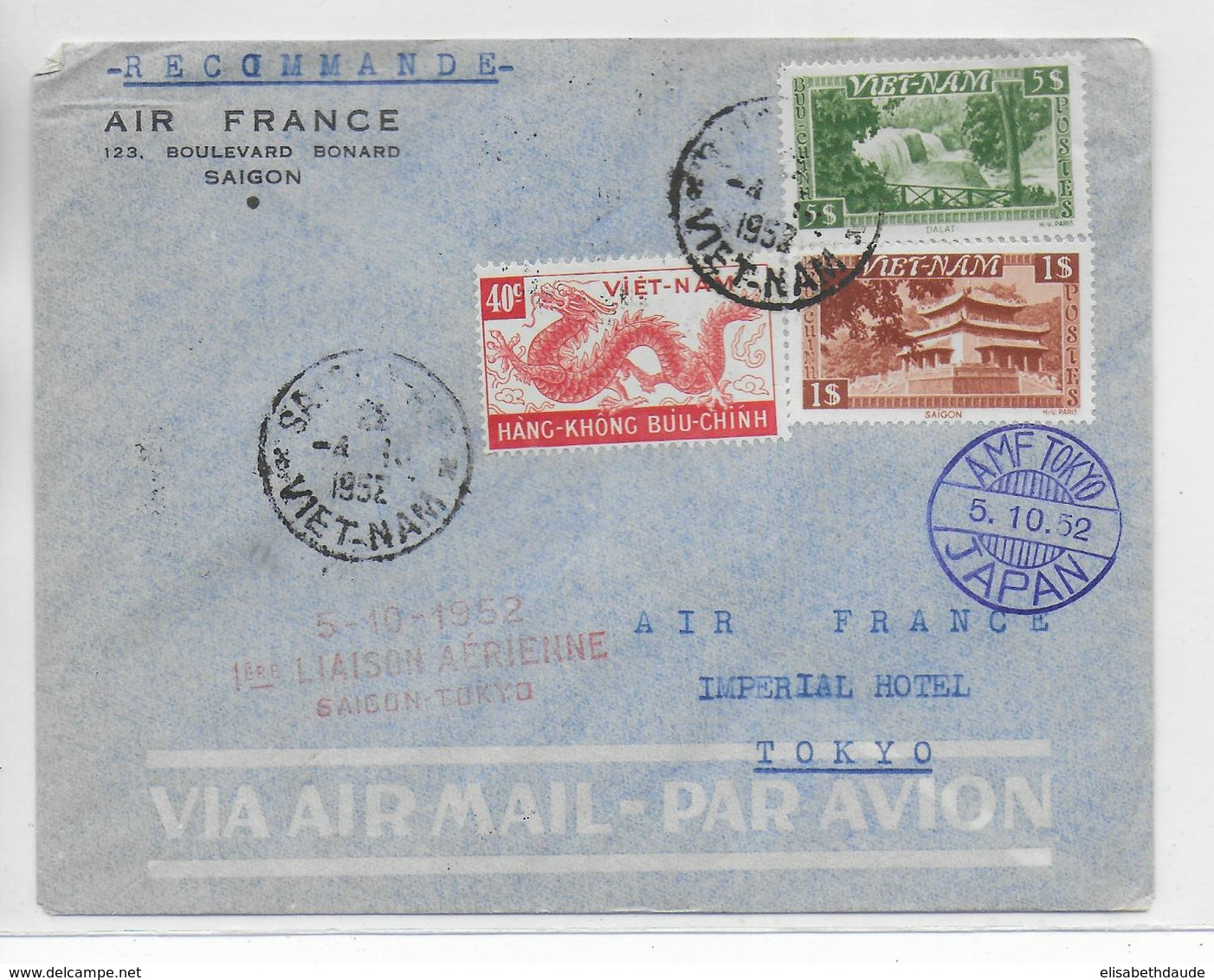 1952 - VIET-NAM - ENVELOPPE RECOMMANDEE Par AVION 1° LIAISON AERIENNE AIR FRANCE De SAIGON => TOKYO (JAPON) - Vietnam