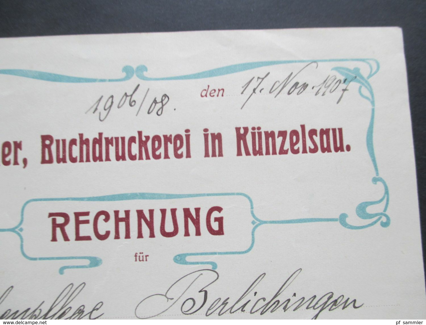 Rechnung 17.11.1908 Künzelsau P. Locher Buchdruckerei In Künzelsau Für Kirchenpflege Berlichingen - 1900 – 1949