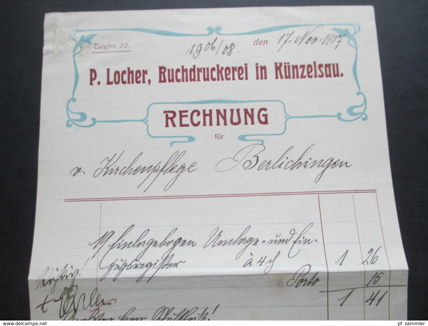 Rechnung 17.11.1908 Künzelsau P. Locher Buchdruckerei In Künzelsau Für Kirchenpflege Berlichingen - 1900 – 1949