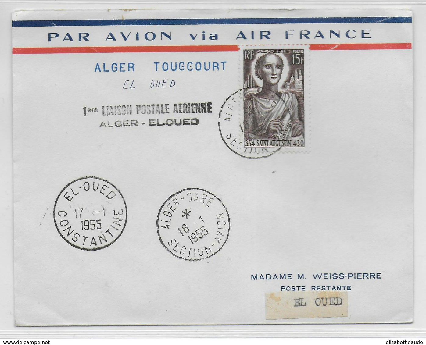 1955 - ALGERIE - ENVELOPPE Par AVION 1° LIAISON POSTALE AERIENNE AIR FRANCE De ALGER => EL OUED - Brieven En Documenten