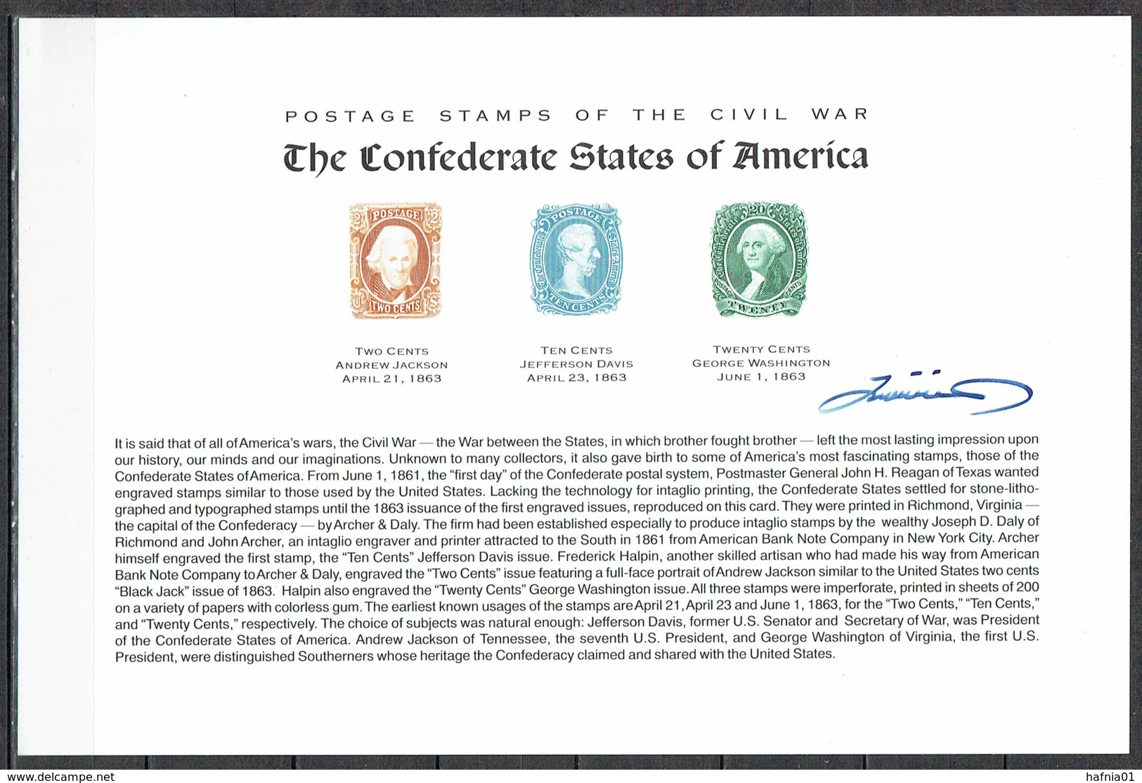 USA 1995. Fleetwood Special Card. Stamps Of The Civil War-The Conferate States Of America. Mint. Signed. - Andere & Zonder Classificatie