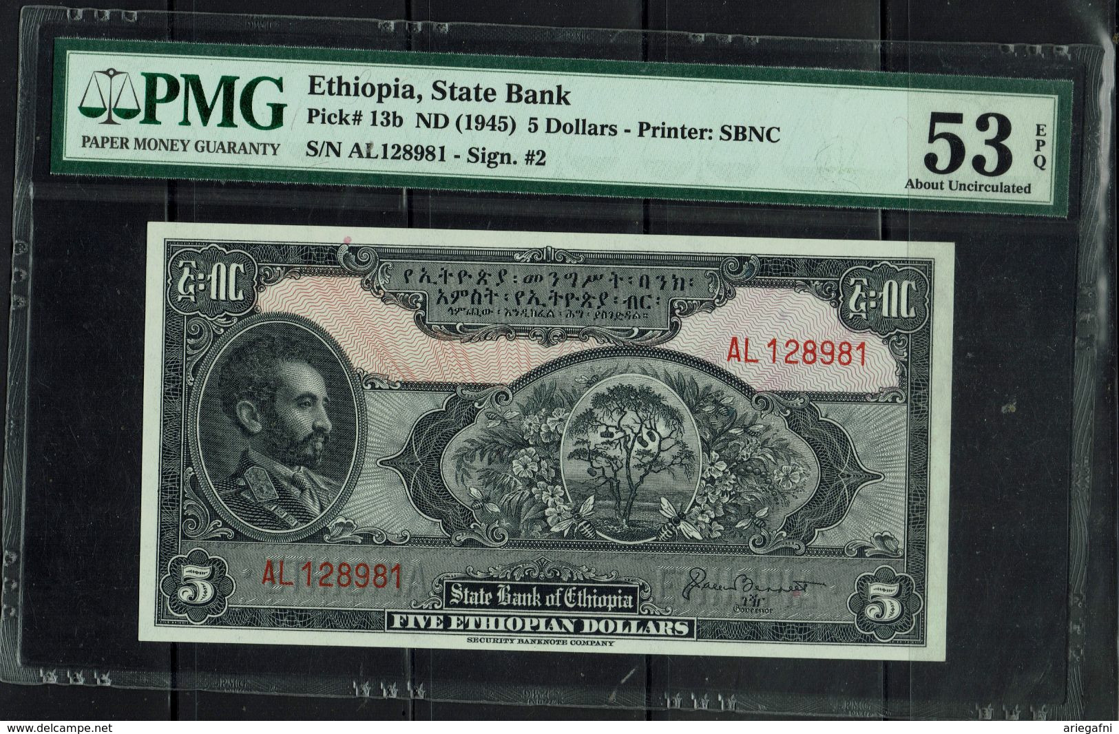 ETHIOPIA 1945 BANKNOTES 5$ PMG 53 UNC !! - Etiopía