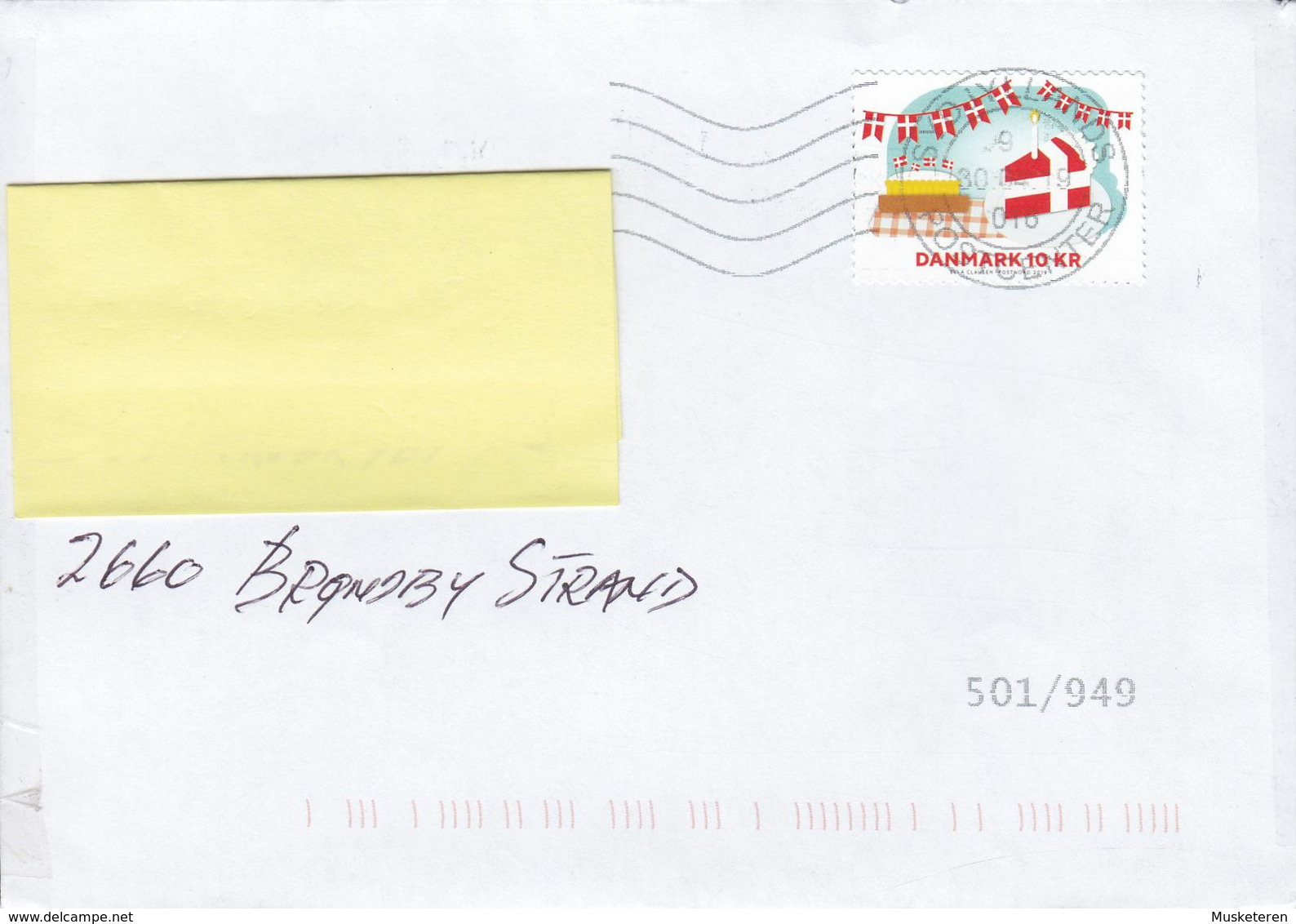 Denmark SYDJYLLANDS POSTCENTER 2019 Cover Brief BRØNSBY STRAND Denmark 10 Kr. Flag & Cake Stamp - Cartas & Documentos