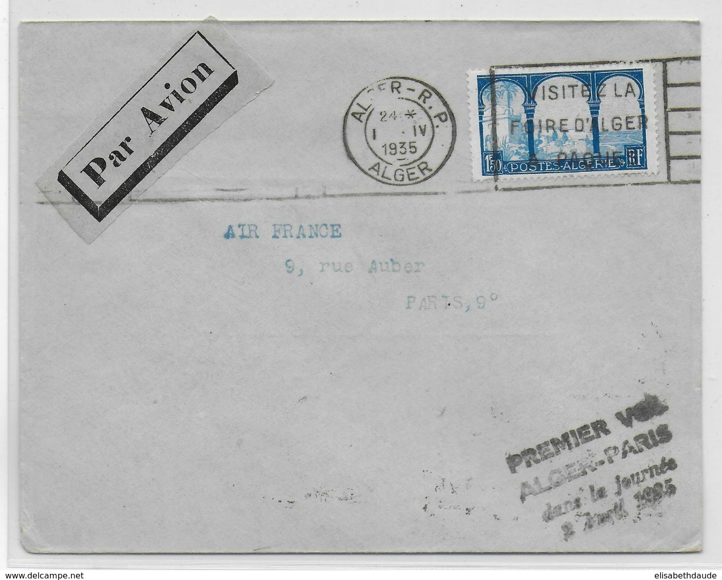 1935 - ALGERIE - ENVELOPPE Par AVION 1° LIAISON POSTALE AERIENNE AIR FRANCE DANS LA JOURNEE De ALGER => PARIS - Lettres & Documents