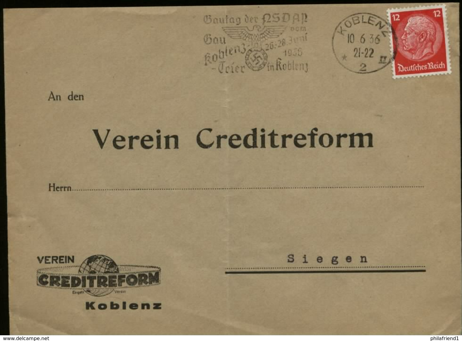 WW II Briefumschlag: Gebraucht Mit NSDAP Werbestempel Gautag,Koblenz - Siegen 1936 , Bedarfserhaltung , Gefaltet. - Covers & Documents