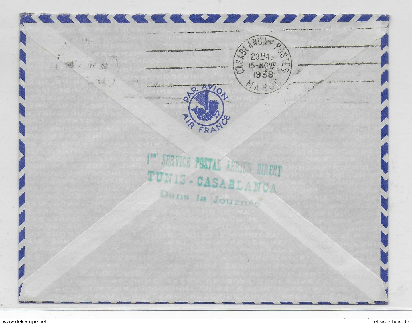 1938 - TUNISIE - ENVELOPPE Par AVION 1° LIAISON POSTALE AERIENNE AIR FRANCE DANS LA JOURNEE De TUNIS => CASABLANCA - Briefe U. Dokumente